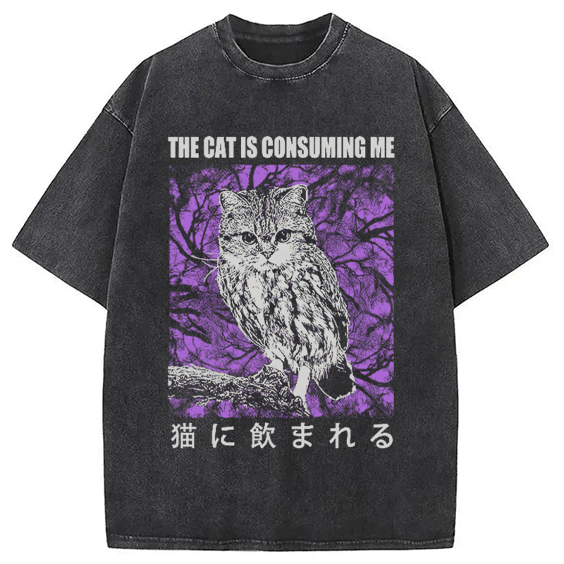 The Cat Is Consuming Me Washed T-Shirt Retro Humor Outfit Idea Gifts For Friends