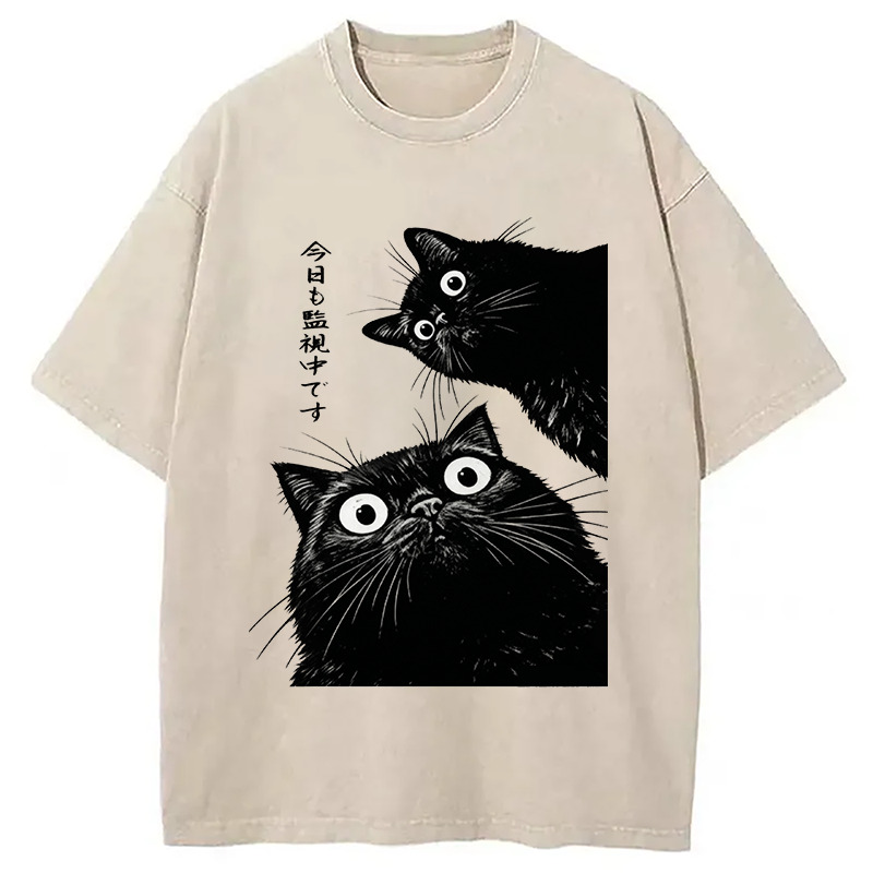 The Cat Is Watching Today Washed T-Shirt Soft Comfortable Daily T Shirt Gifts For Friends The Cat Is Watching Today Washed T-Shirt Soft Comfortable Daily T Shirt Gifts For Friends
