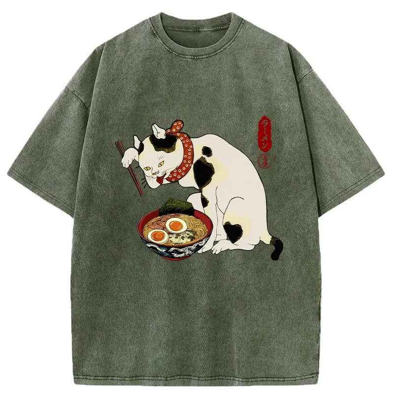 The Cat Obsessed With Ramen Washed T-Shirt Minimal Retro Graphic Clothing Gifts For Him