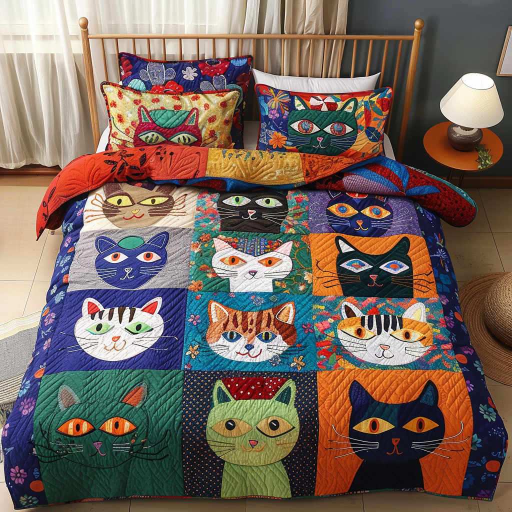 The Cat Parade Quilted Bedding Set Cute Bedroom Decor Kitten Christmas Presents