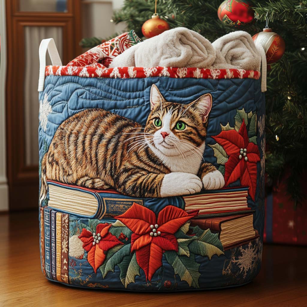 The Cat Who Read On Christmas Eve Quilted Laundry Basket Perfect Housewarming Gift with Quilted Laundry Basket