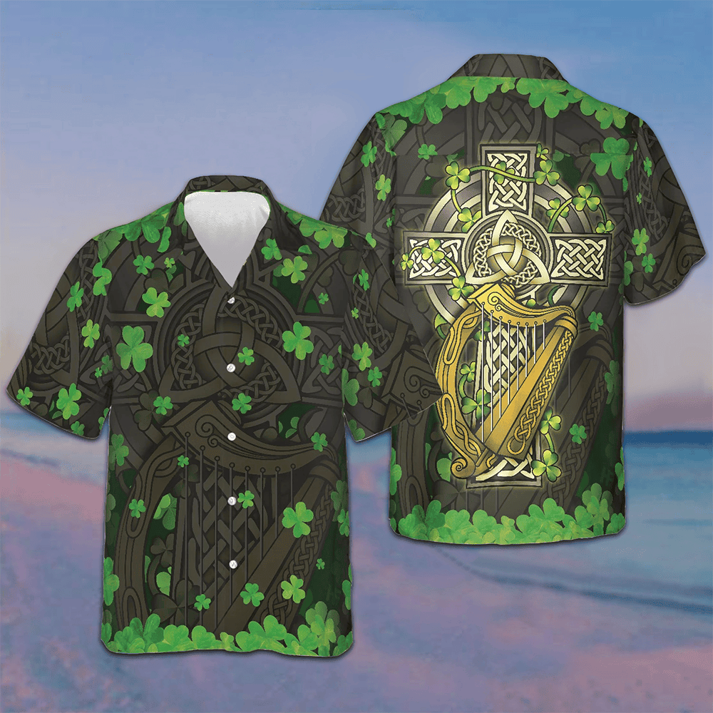 The Celtic Cross Harp Irish Proud Hawaiian Shirt Button Up Summer Shirts For Men The Celtic Cross Harp Irish Proud Hawaiian Shirt Button Up Summer Shirts For Men