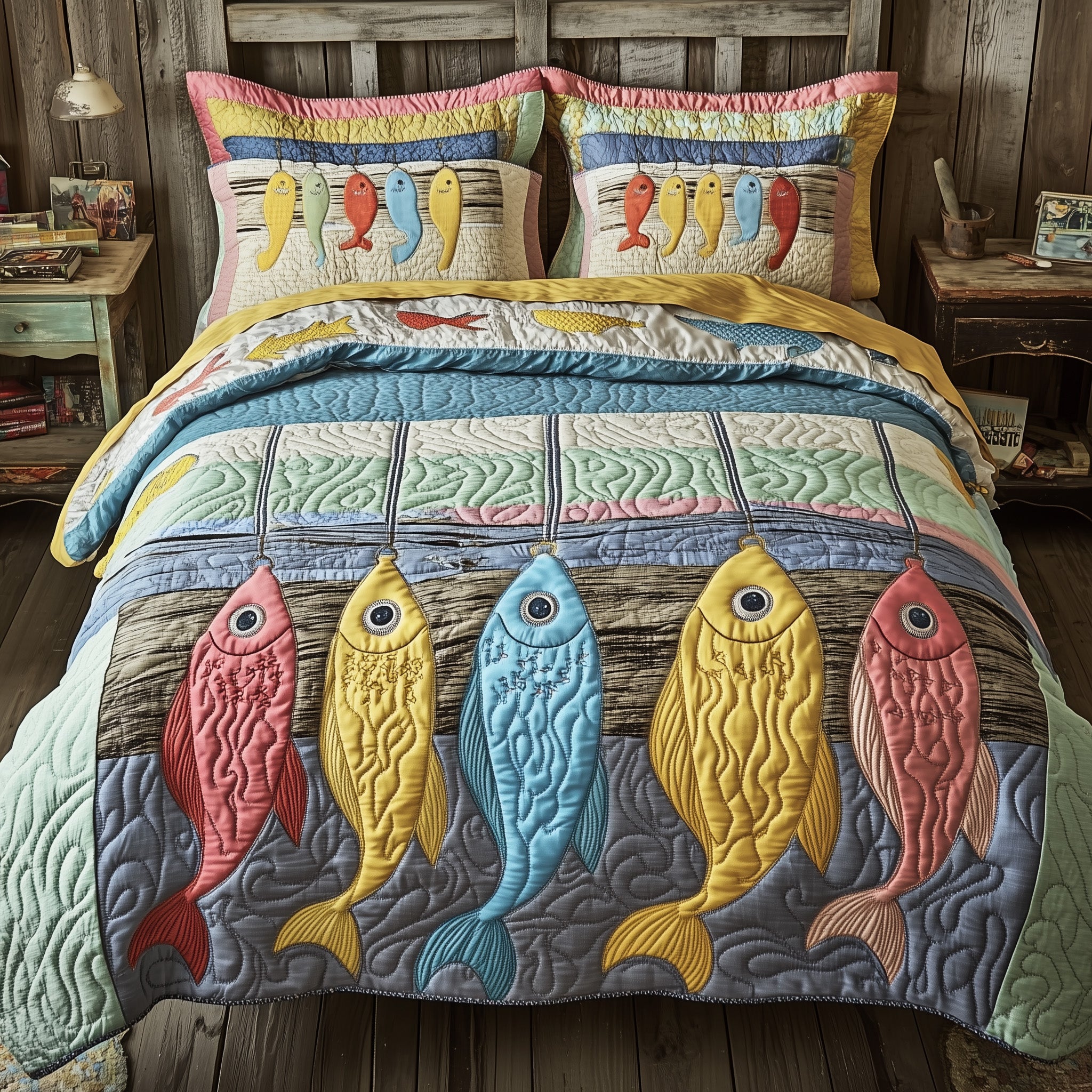 The Colorful Catch Quilted Bedding Set Duvet Cover Bed Sheet Fishing Related Gifts