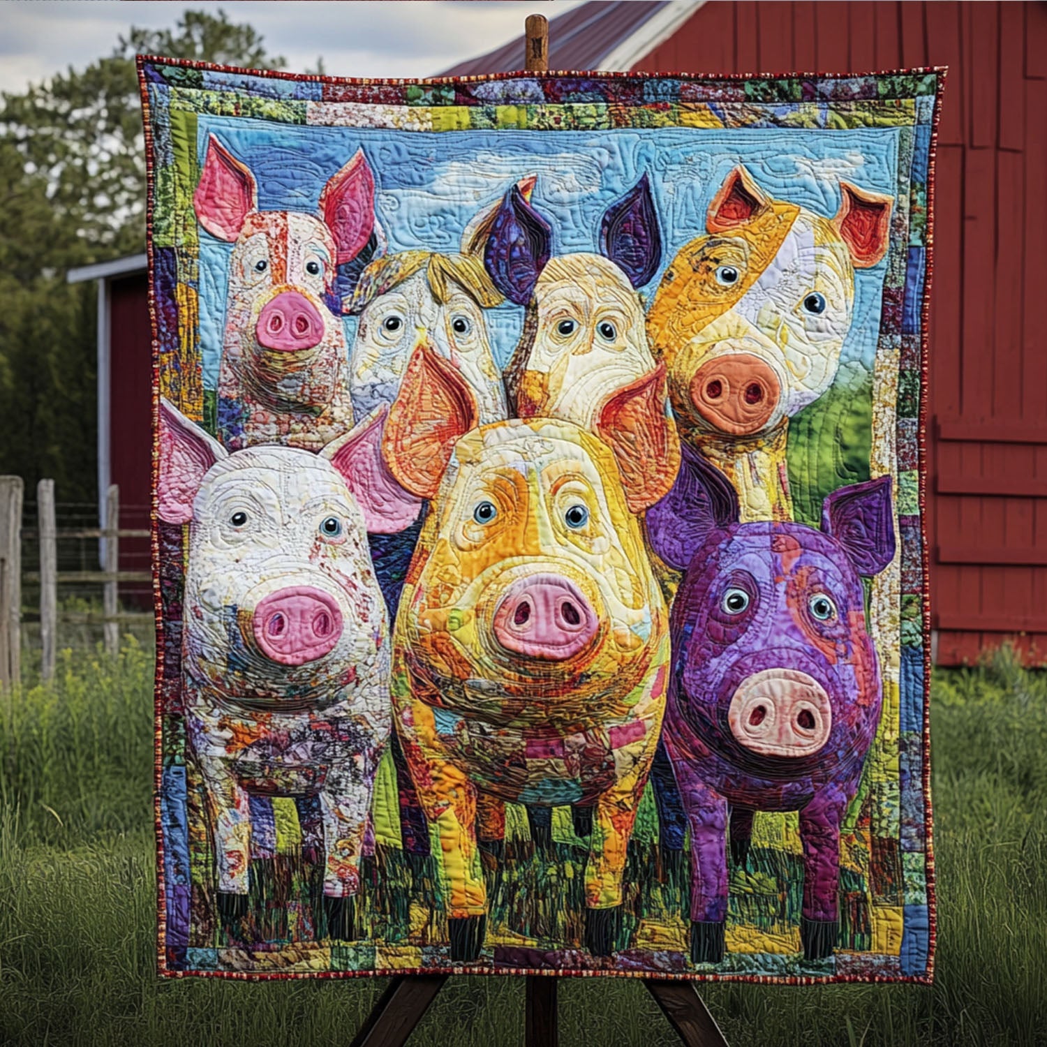 The Colorful Pig Parade Quilted Blanket Christmas Throw Blanket Best Gifts For Pig Lovers