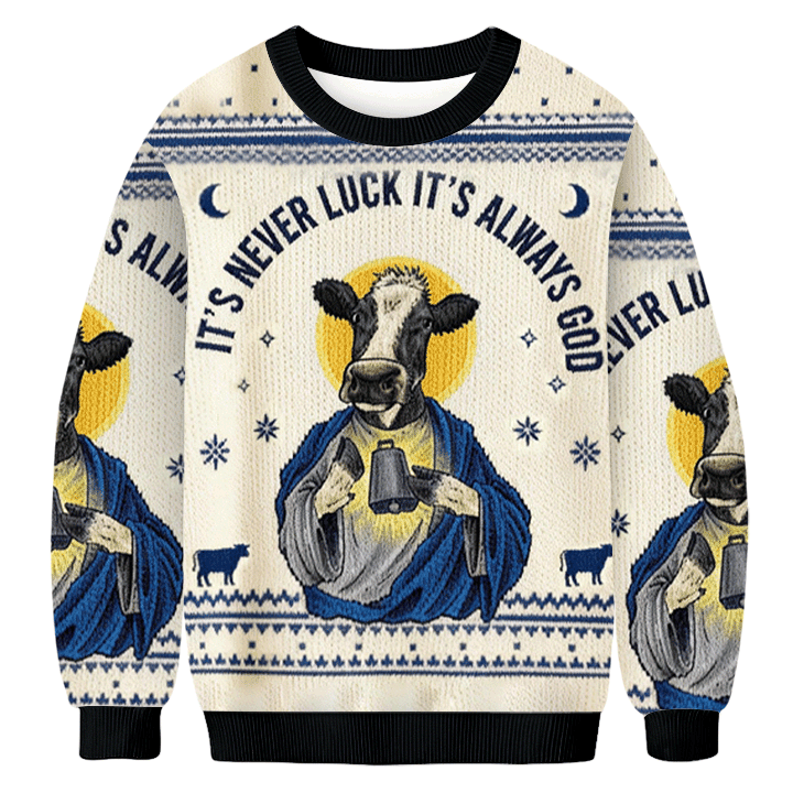 The Cow It's Never Luck It's Always God Donut Ugly Sweater Animal Themed Cool Sweater Gifts