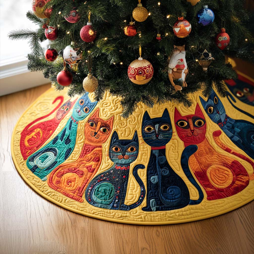 The Cozy Cat Crew Christmas Quilted Tree Skirt Decorative Quilted Tree Skirt to Protect Your Floor