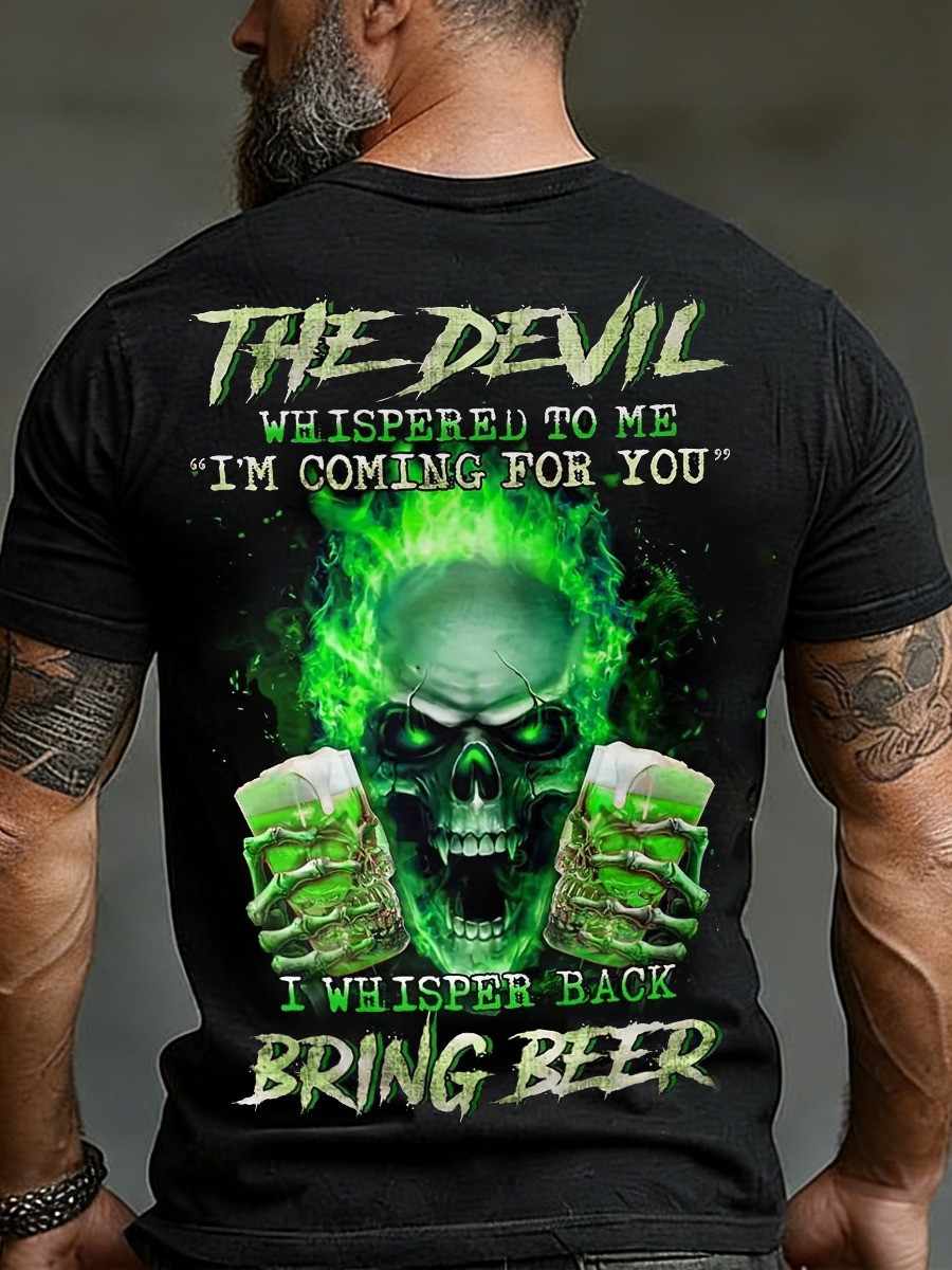 The Devil Whispered Bring Beer Flaming Skull St Patricks Day T-Shirt Funny Irish Beer Shirt Gift For Him