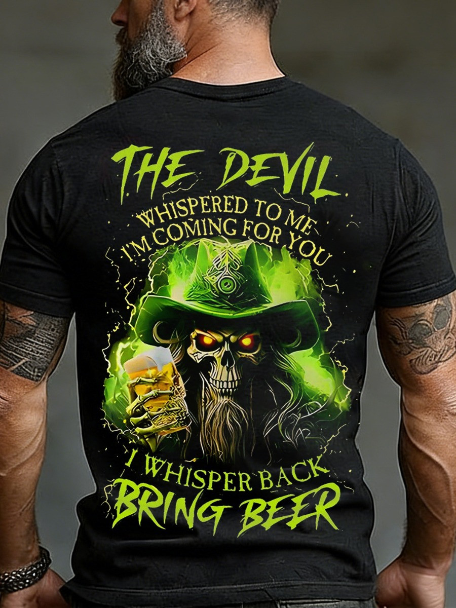The Devil Whispered Bring Beer Green Skull St Patricks Day Graphic T-Shirt Funny St Pattys Shirt Gift For Him