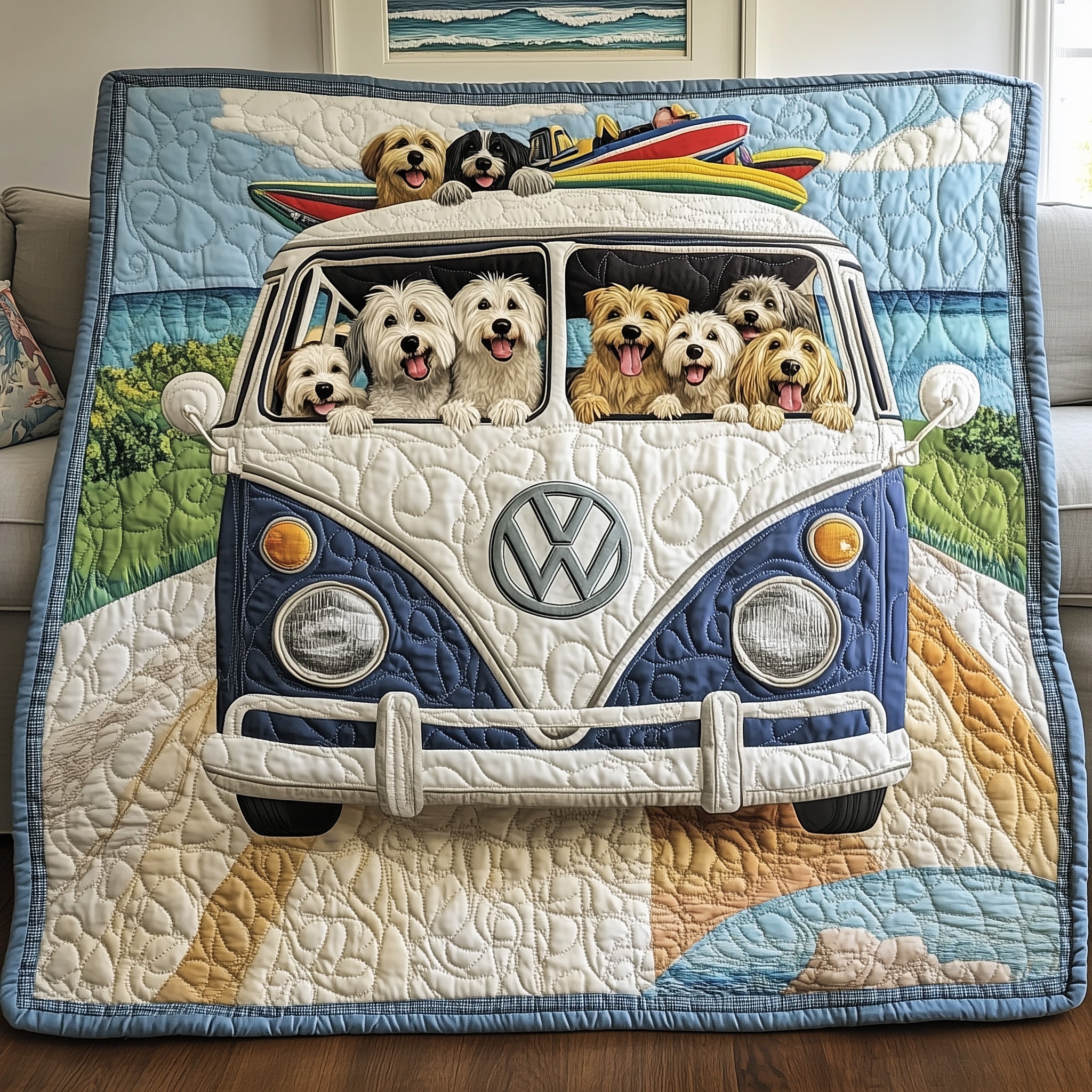 The Doggy Road Trip Quilted Blanket Cute Bed BlanketCute Gifts For Dog Lovers Owners