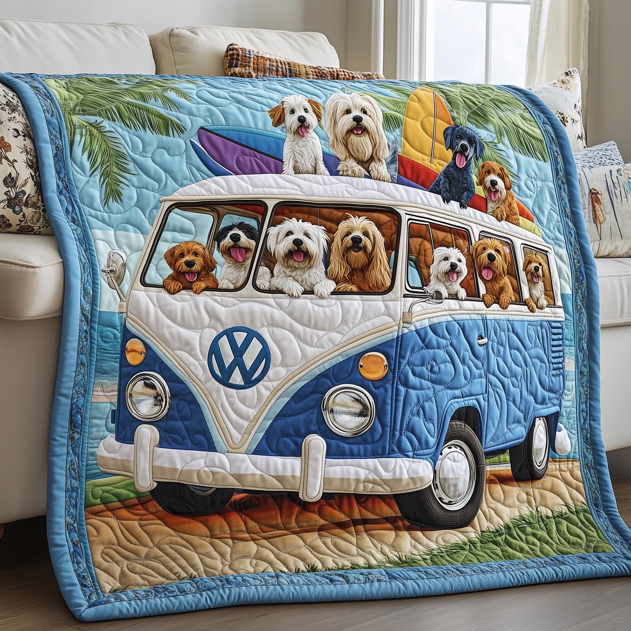 The Doggy Road Trip Quilted Blanket Cute Bed BlanketGreat Gift For Dog Owners