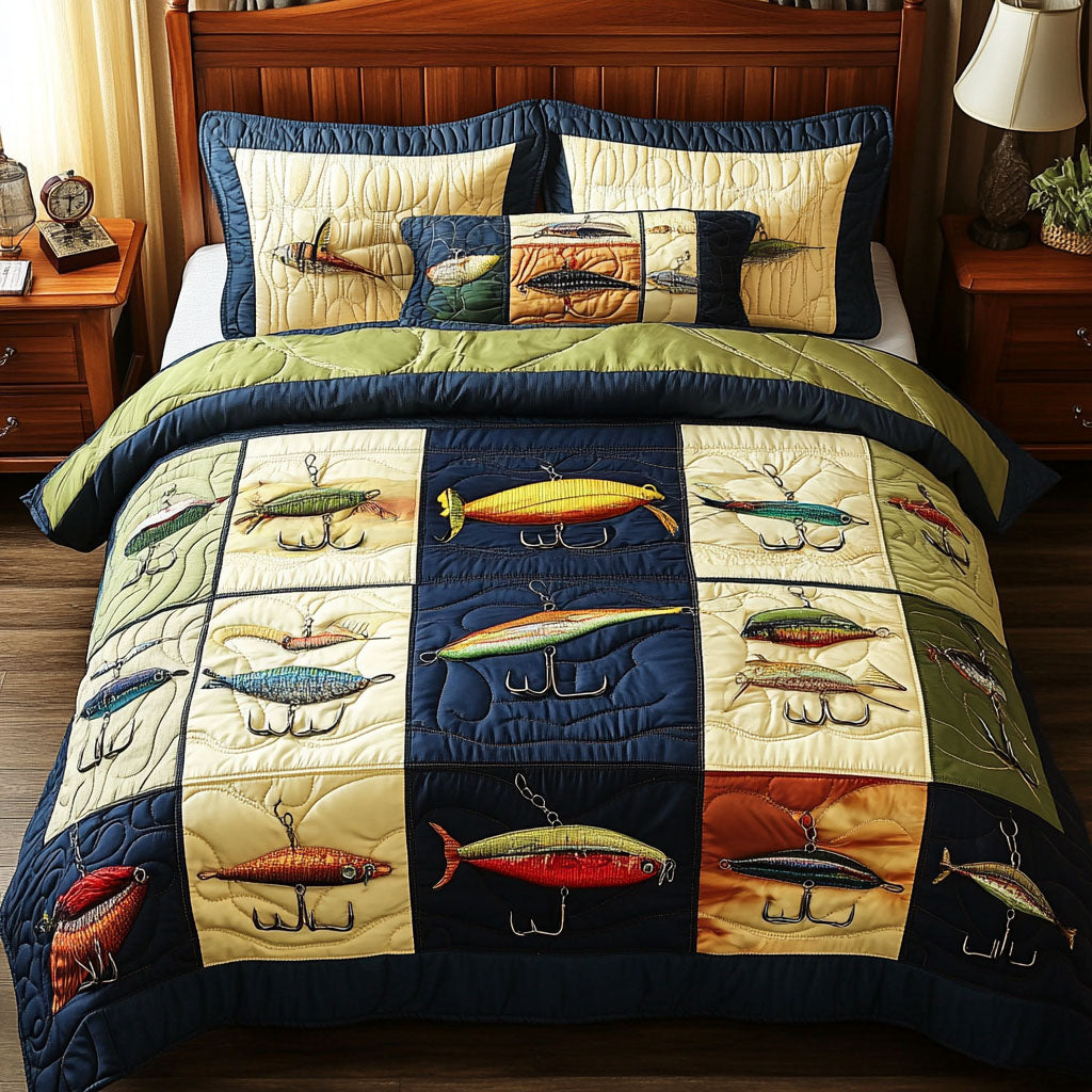 The Fish Lodge Quilted Bedding Set Holiday Season Duvet Cover Set Fishing Gifts For Boyfriend