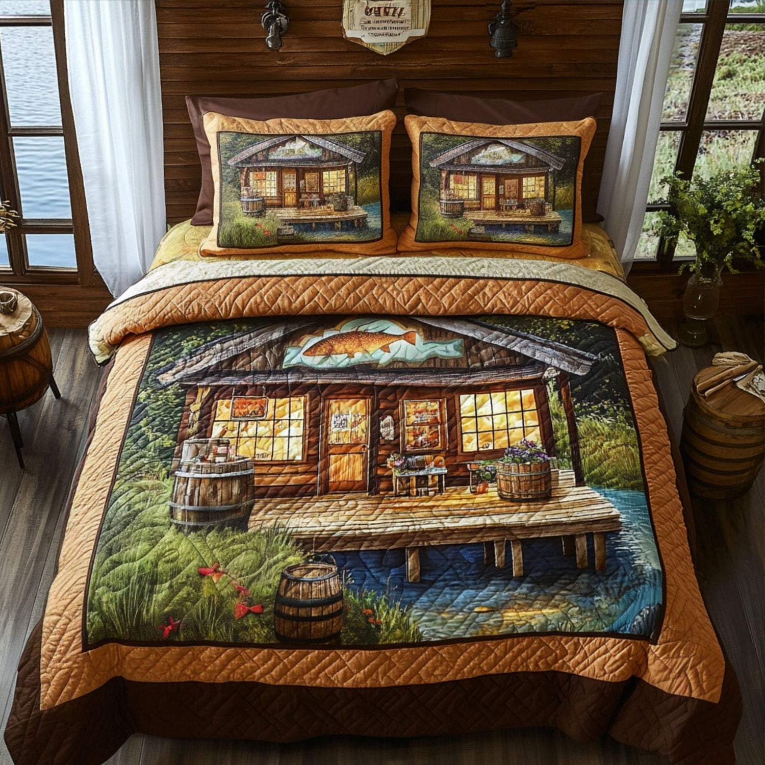 The Fishermans Lodge Quilted Bedding Set Bed Decorations Good Fishing Gifts
