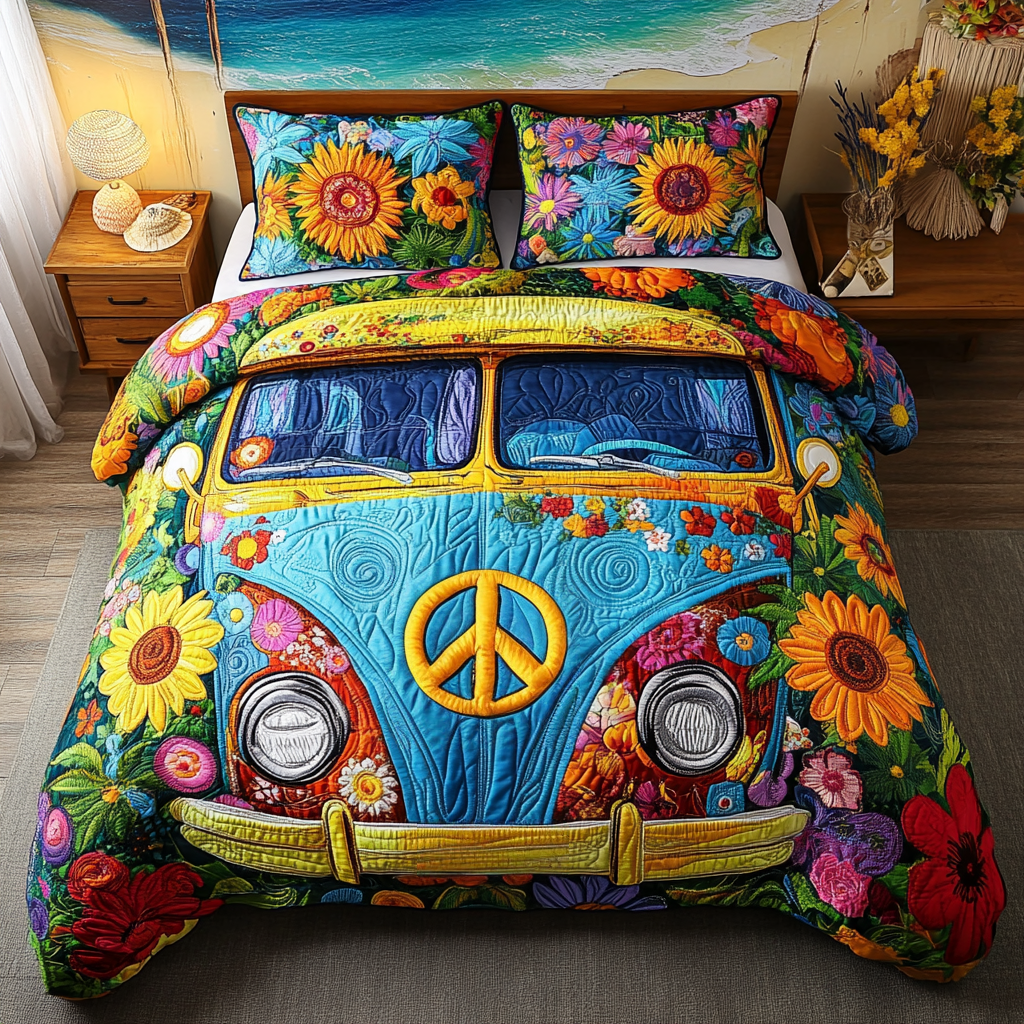 The Flower Power Van Quilted Bedding Set Cozy Bedroom Decor Best Gifts For Hippies