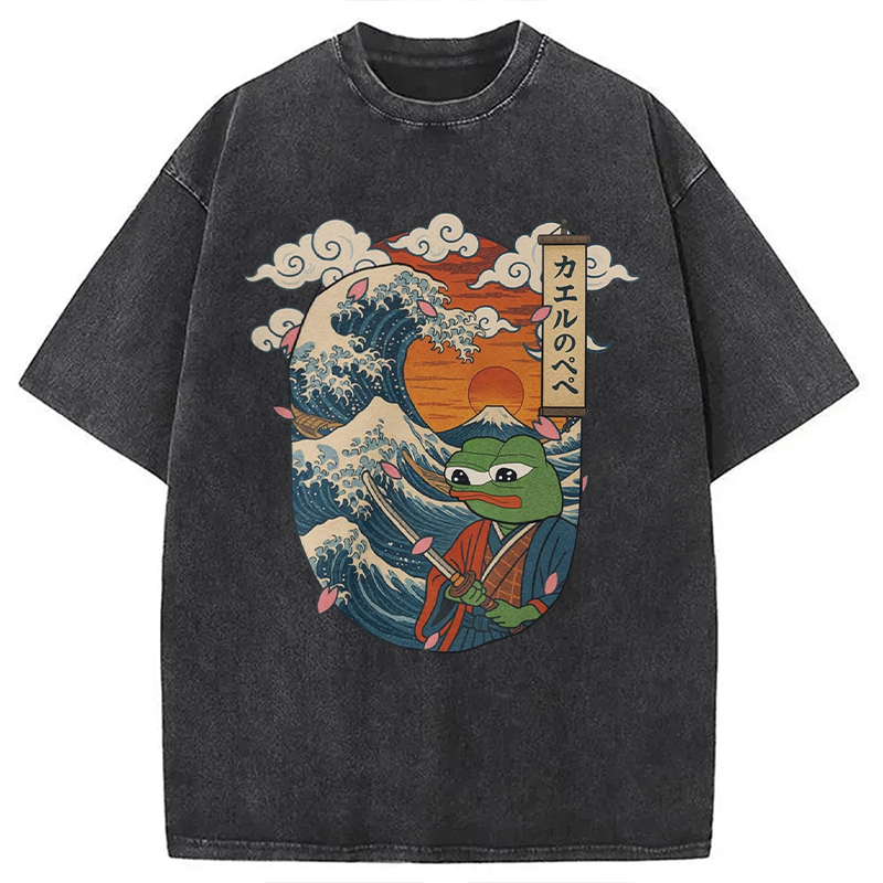 The Frog Great Wave Off Kanagawa Fren Meme Washed T-Shirt Funny Graphic Gift For Friends Gifts For Him
