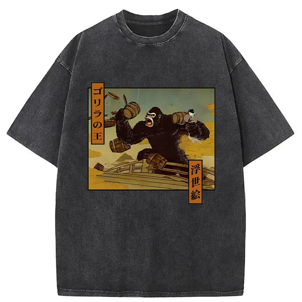 The Gorilla King Japanese Washed T-Shirt Trendy Aesthetic Graphic Apparel Gifts For Her