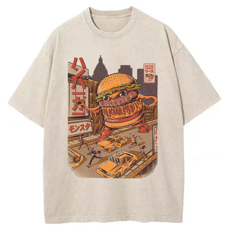 The Great Burger Kaiju Japanese Washed T-Shirt Cool Urban Street Style Shirt Gifts For Best Friend