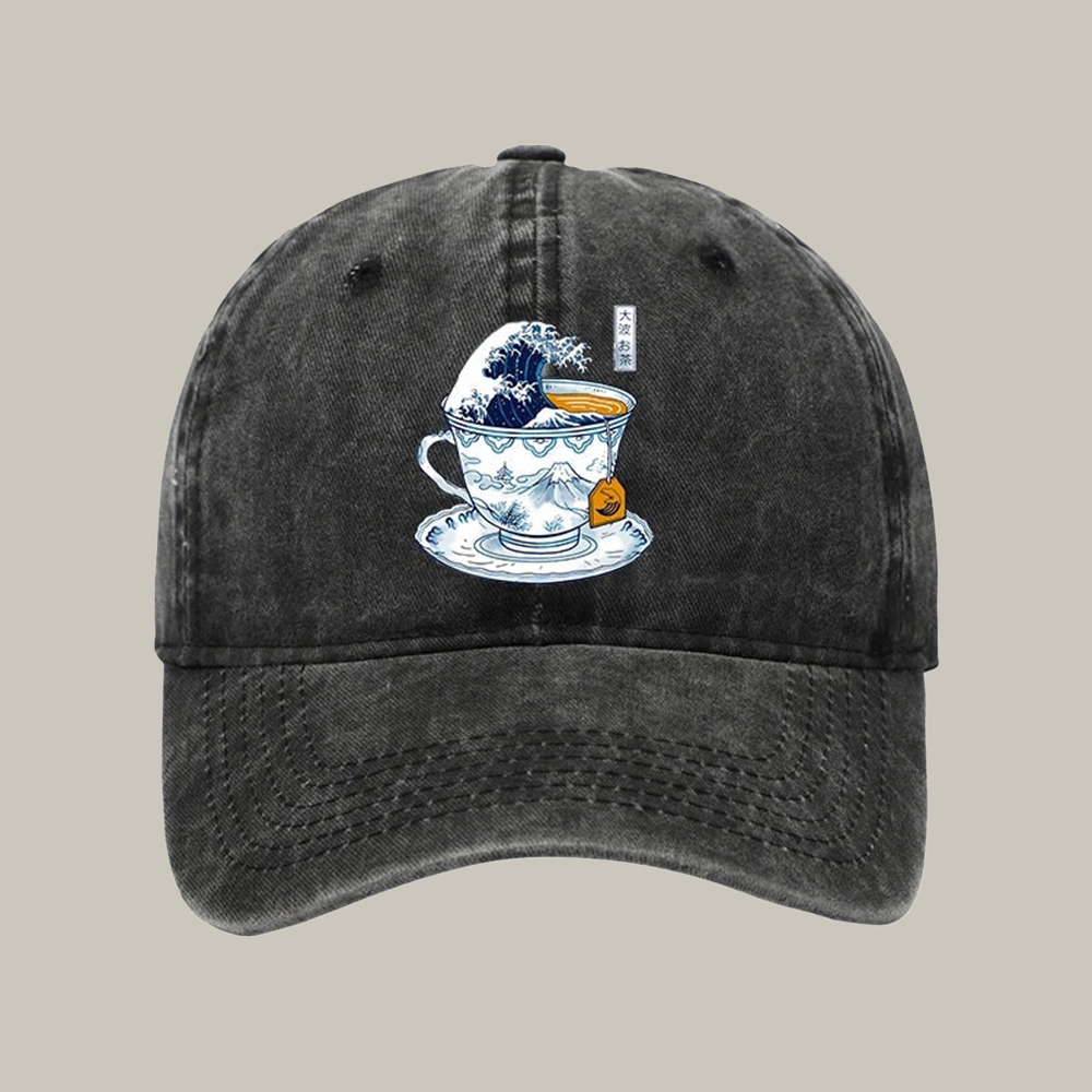 The Great Kanagawa Tea Wave Washed Cap Vintage Ball Cap Father Daughter Gifts For Dad