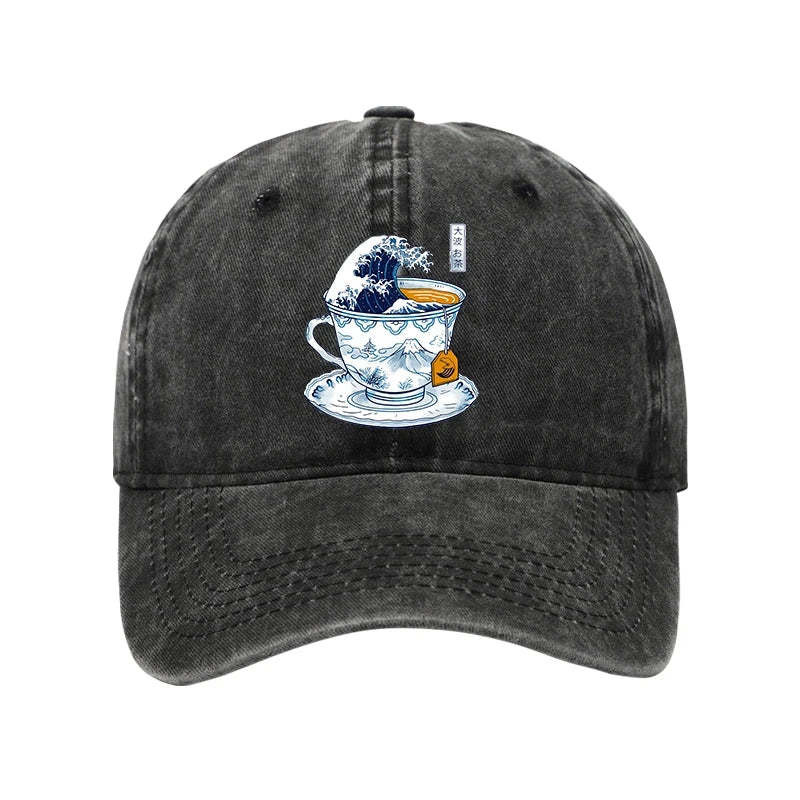The Great Kanagawa Tea Wave Washed Hat Japanese Art Pattern Trendy Hat Gift Ideas