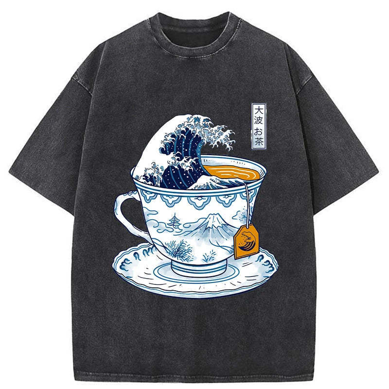 The Great Kanagawa Tea Wave Washed T-Shirt Casual Oversized Outfit Style Gifts For BFF The Great Kanagawa Tea Wave Washed T-Shirt Casual Oversized Outfit Style Gifts For BFF
