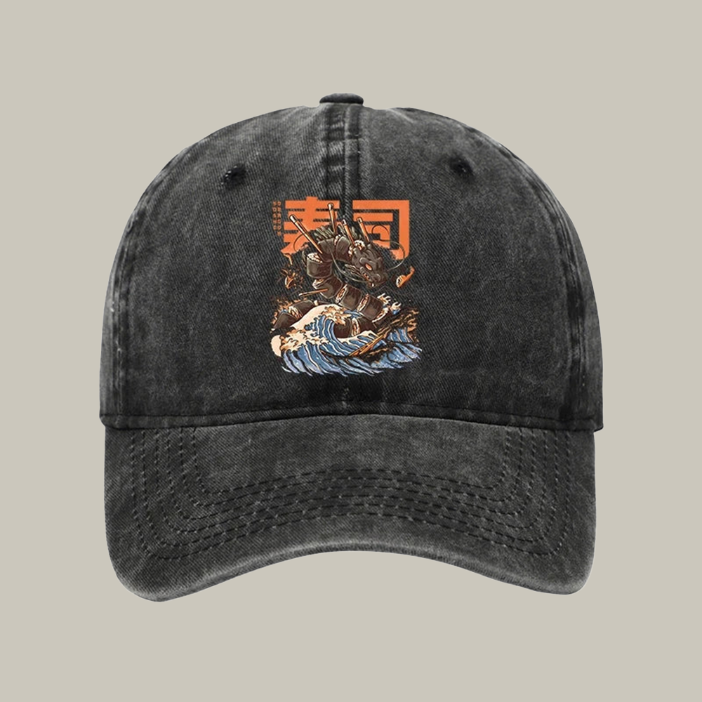 The Great Sushi Dragon Wave Washed Cap Funny Ball Cap Christmas Gift Ideas For Dad
