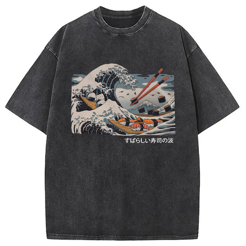 The Great Sushi Wave Washed T-Shirt Casual Oversized Outfit Style Gifts For Friends