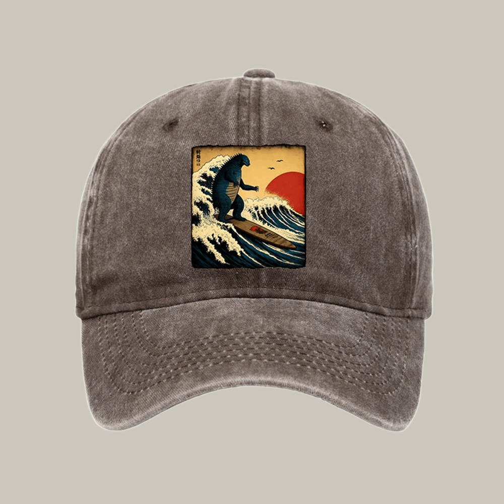 The Great Wave Godzilla Washed Cap Funny Dad Hat Good Family Christmas Presents