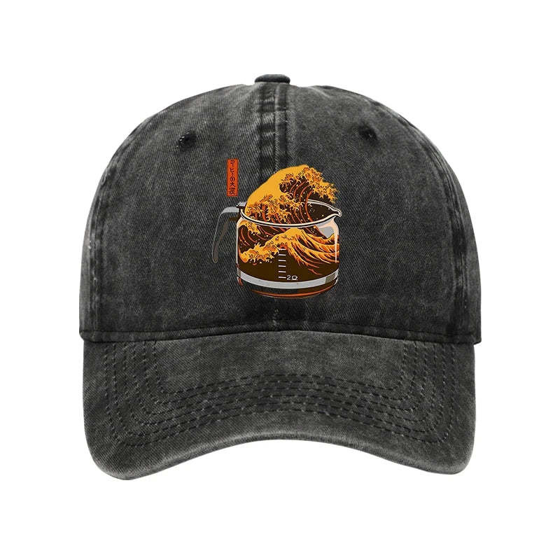 The Great Wave Of Coffee Japanese Washed Hat Japanese Art Trendy Hat Cool Present For Men