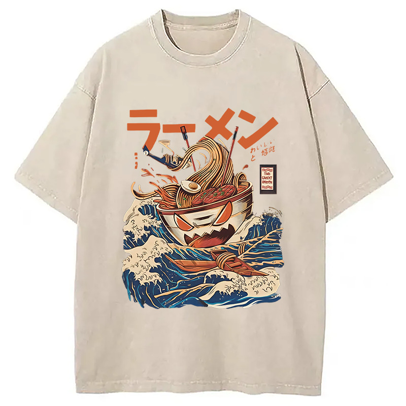 The Great Wave Ramen Yokai Washed T-Shirt Classic Graphic Fashion Tee Gifts For Sister