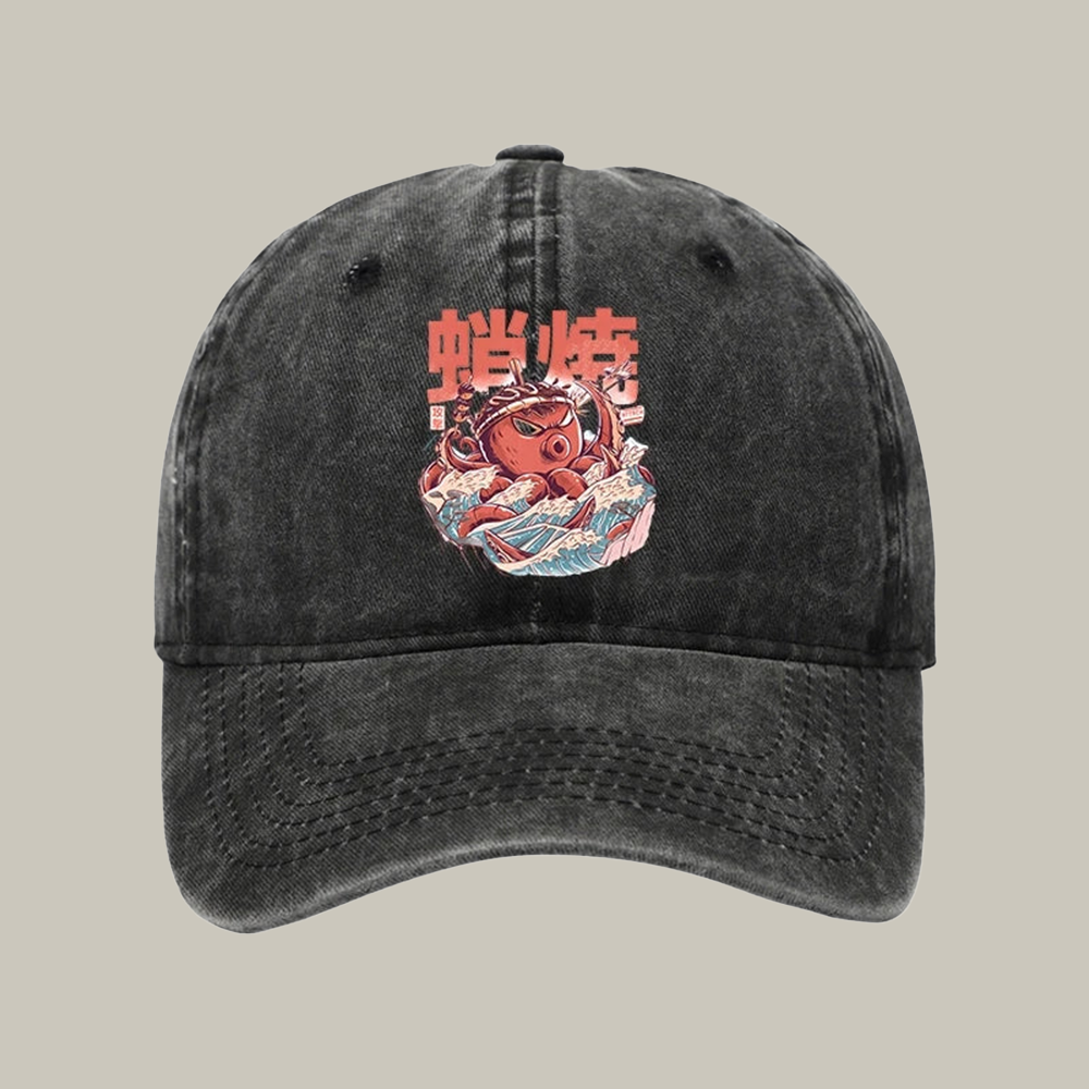 The Great Wave Takoyaki Japanese Washed Cap Funny Baseball Cap Father Daughter Presents