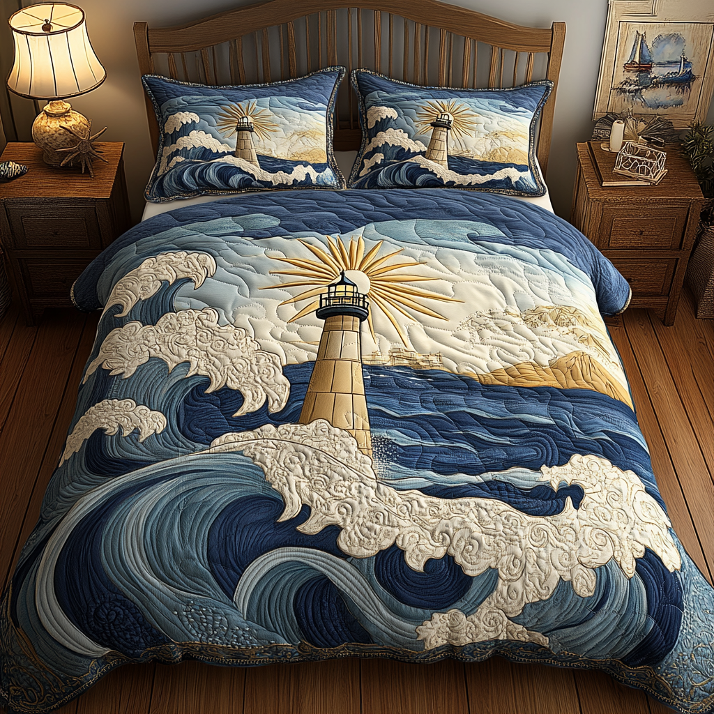 The Guiding Light Quilted Bedding Set Unique Bed Sheet Set Gifts For Lighthouse Lovers