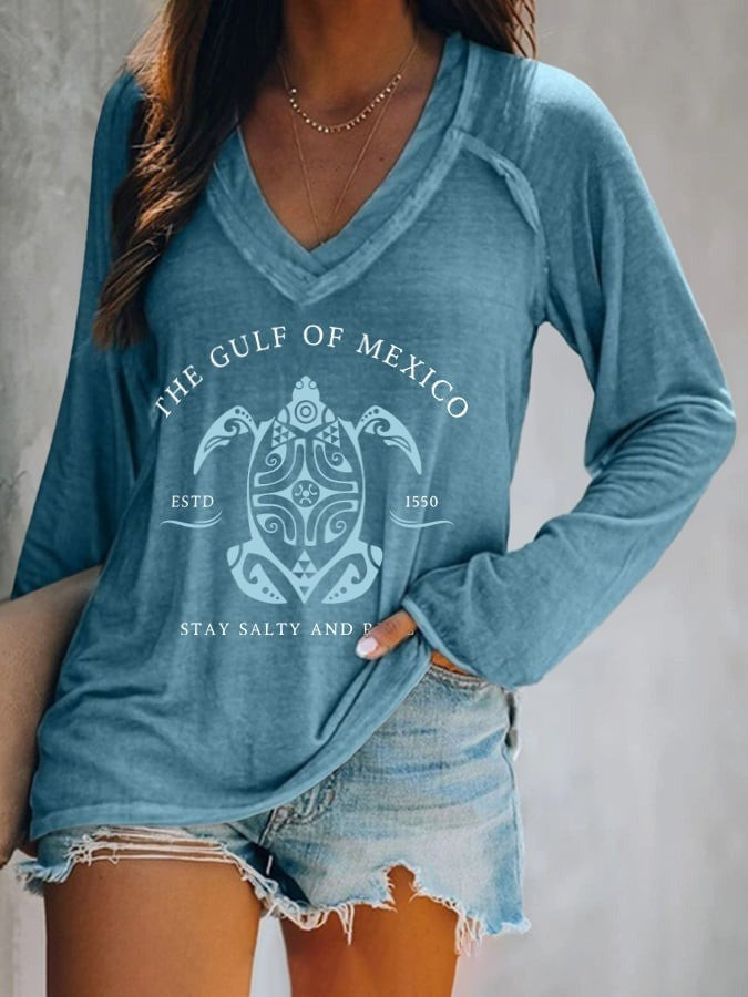 The Gulf Of Mexico Stay Salty And Resist Turtle V-neck Long Sleeve Shirt F Trump Political Merch