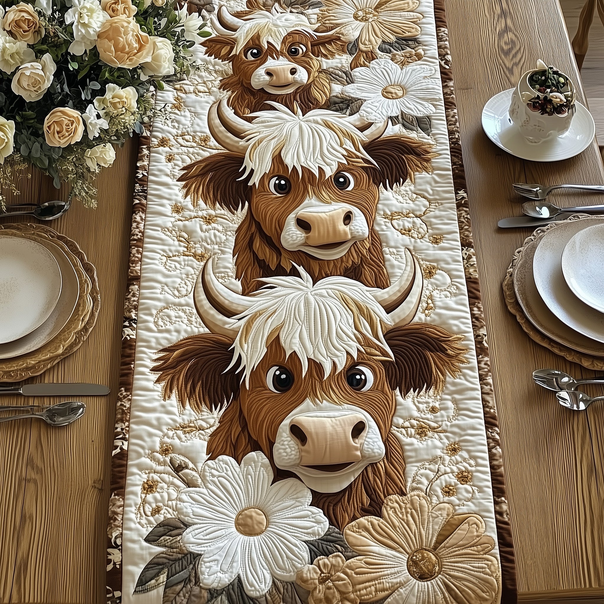 The Highland Blossom Herd Quilted Table Runner Special Occasion Table Runner Gift