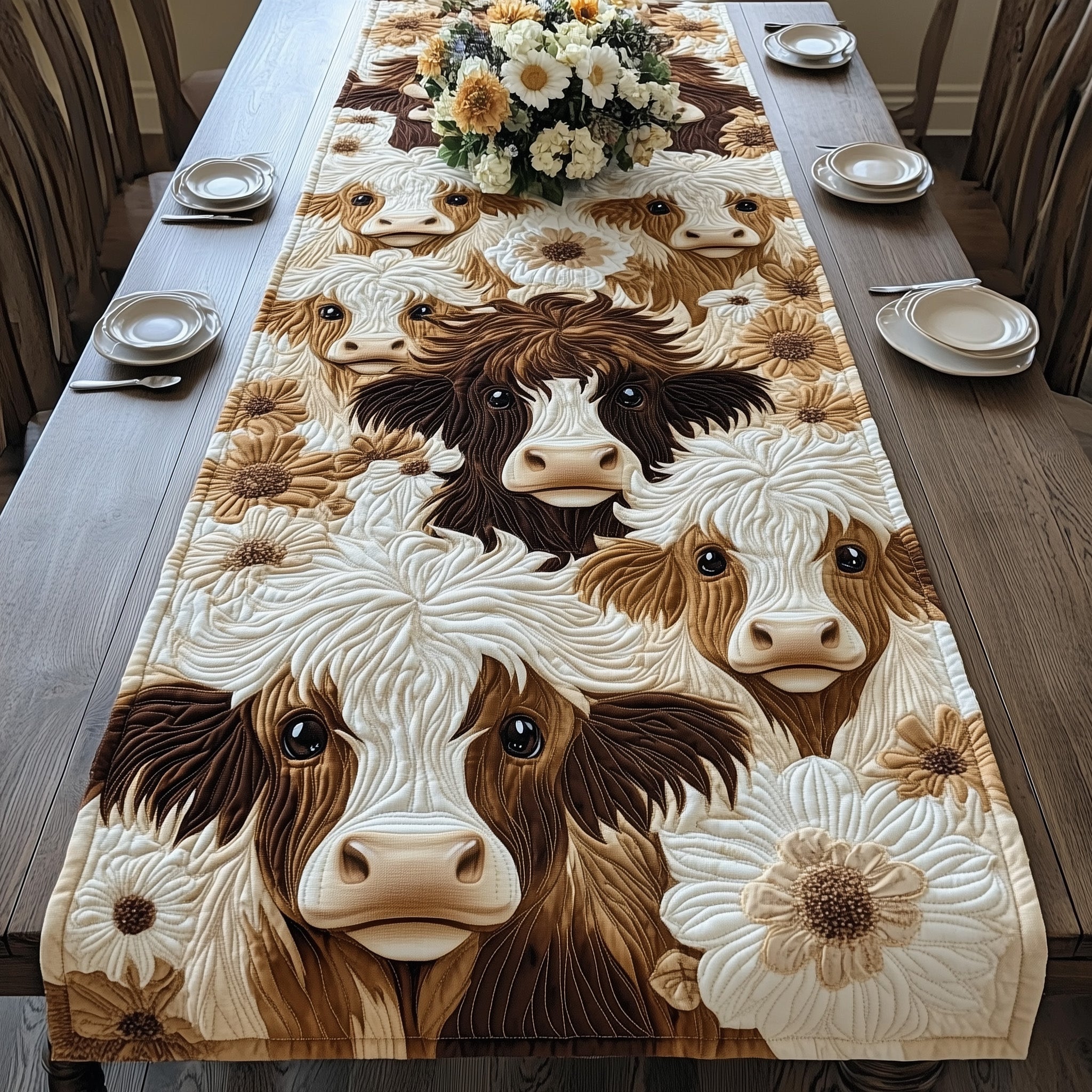 The Highland Blossom Moo Quilted Table Runner Seasonal Table Runner for Holidays