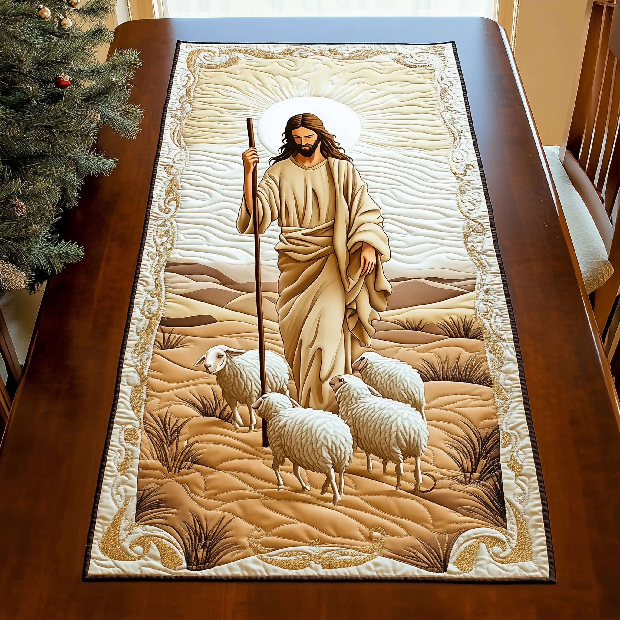 The Holy Shepherd Quilted Table Runner  Dining Holiday Table Runner Christian Christmas Gifts For Women