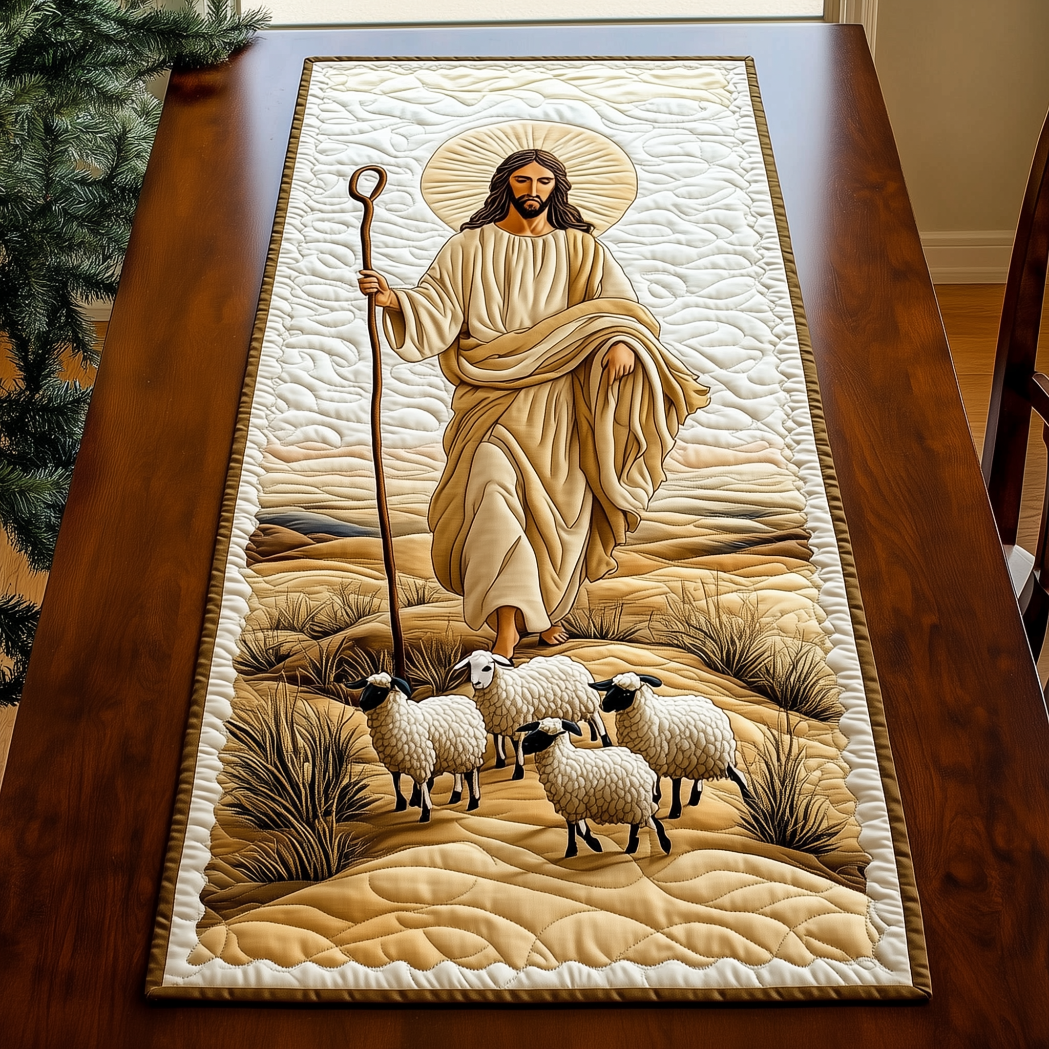 The Holy Shepherd Quilted Table Runner Holiday Table Runner Faith Based Christmas Gifts