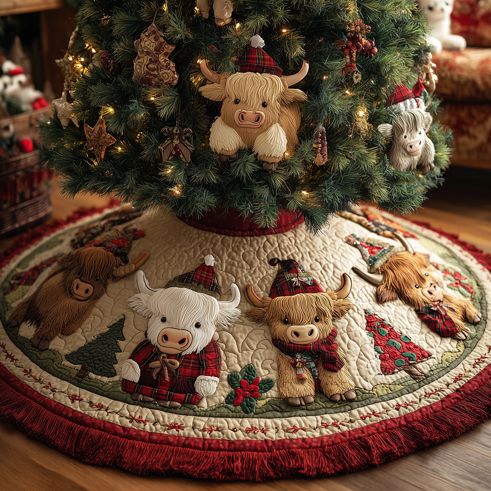 The Jolly Heifers Christmas Quilted Tree Skirt Xmas Indoor Decorations Highland Cow Merchandise