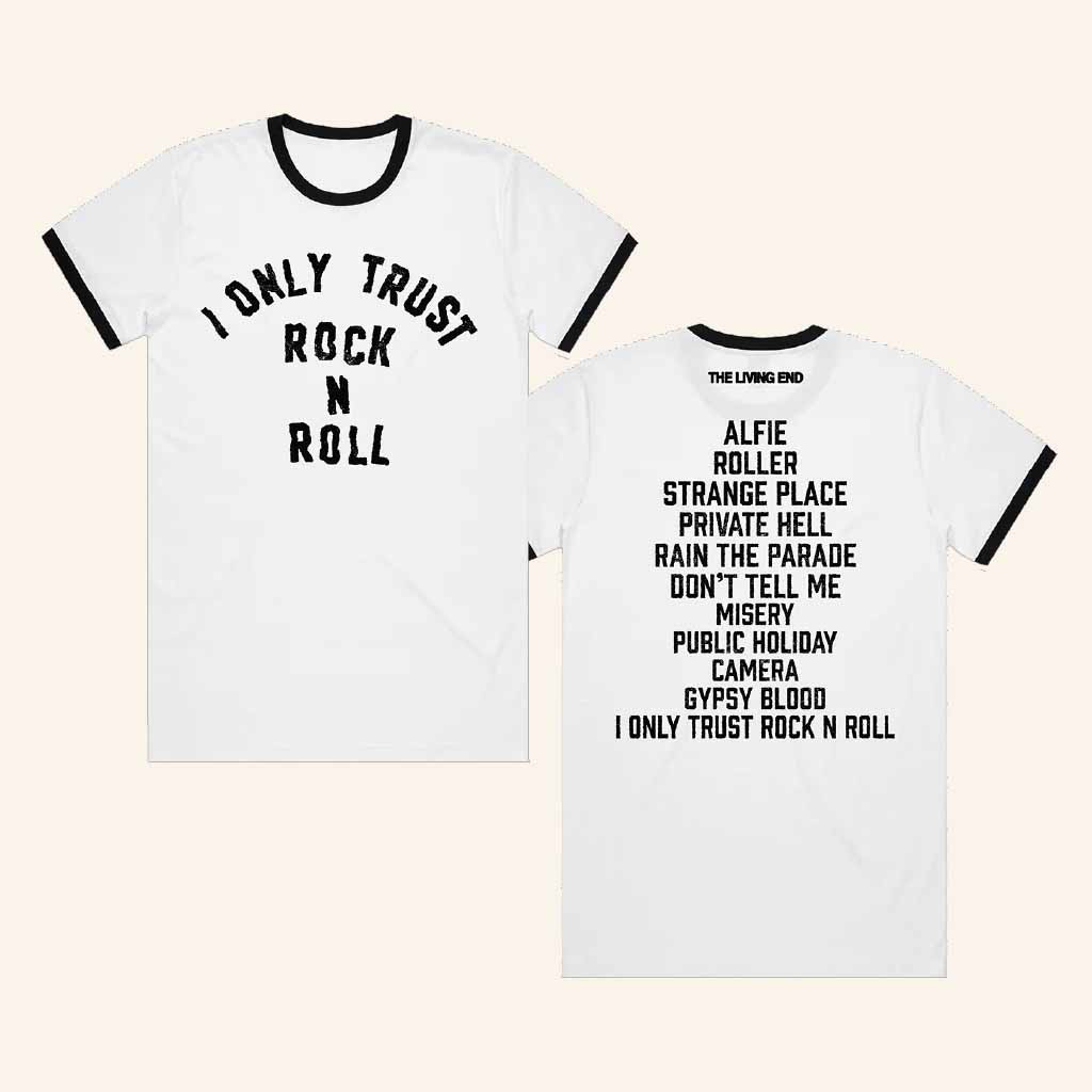The Living End Merch I Only Trust Rock N Roll Ringer T-Shirt Christmas Presents For Her The Living End Merch I Only Trust Rock N Roll Ringer T-Shirt Christmas Presents For Her