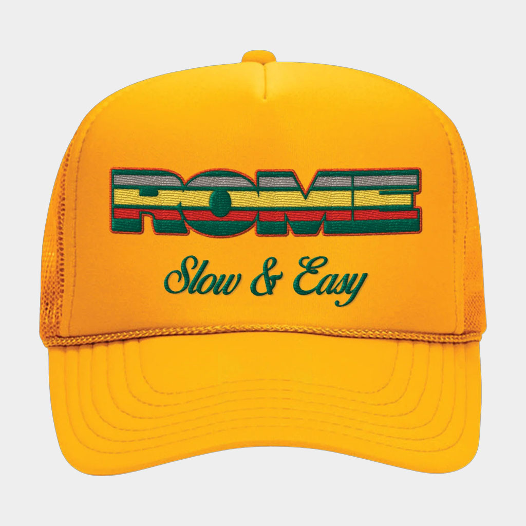 The Merch Collective Merch Rome Slow And Easy Trucker Hat Embroidered Gifts For Band Fans-1 The Merch Collective Merch Rome Slow And Easy Trucker Hat Embroidered Gifts For Band Fans-1