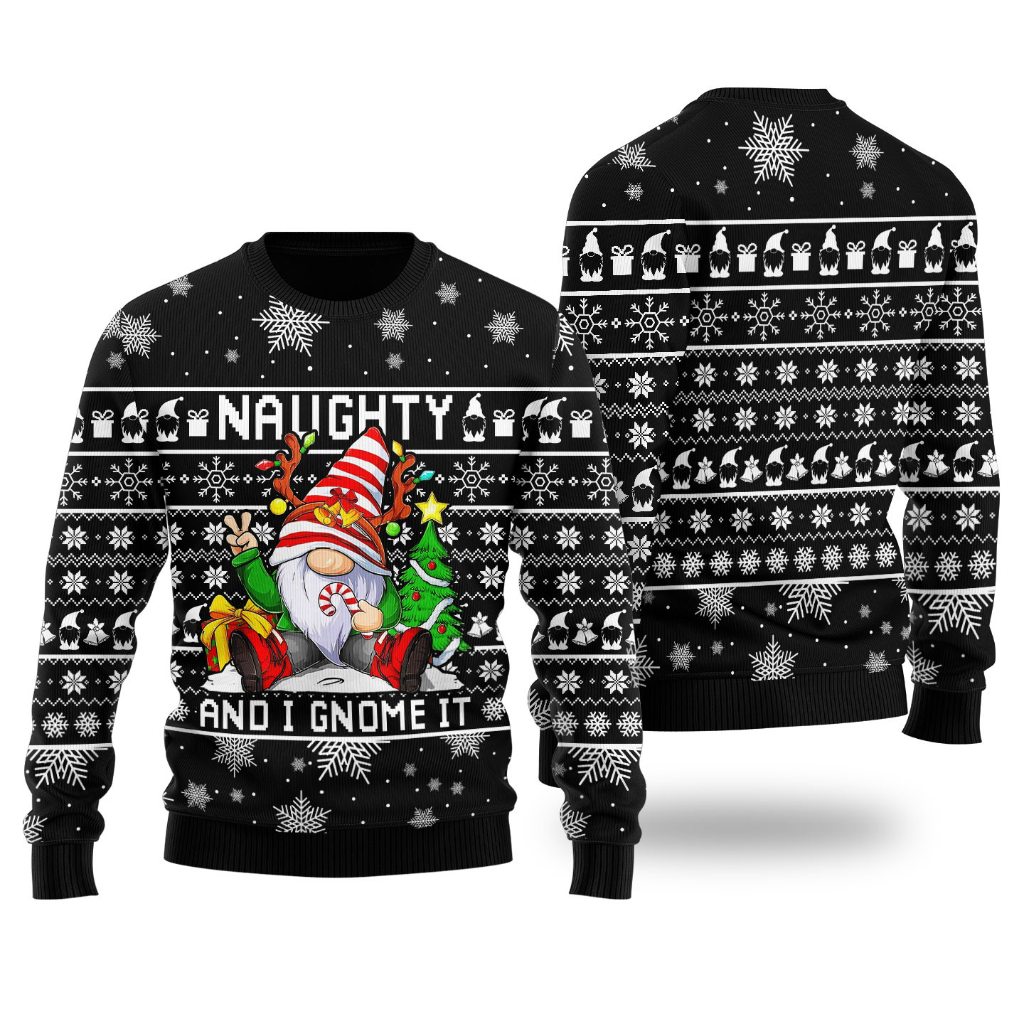 The Naughty Gnome Ugly Christmas Sweater Black Comfortable Holiday Sweater for Chilly Nights