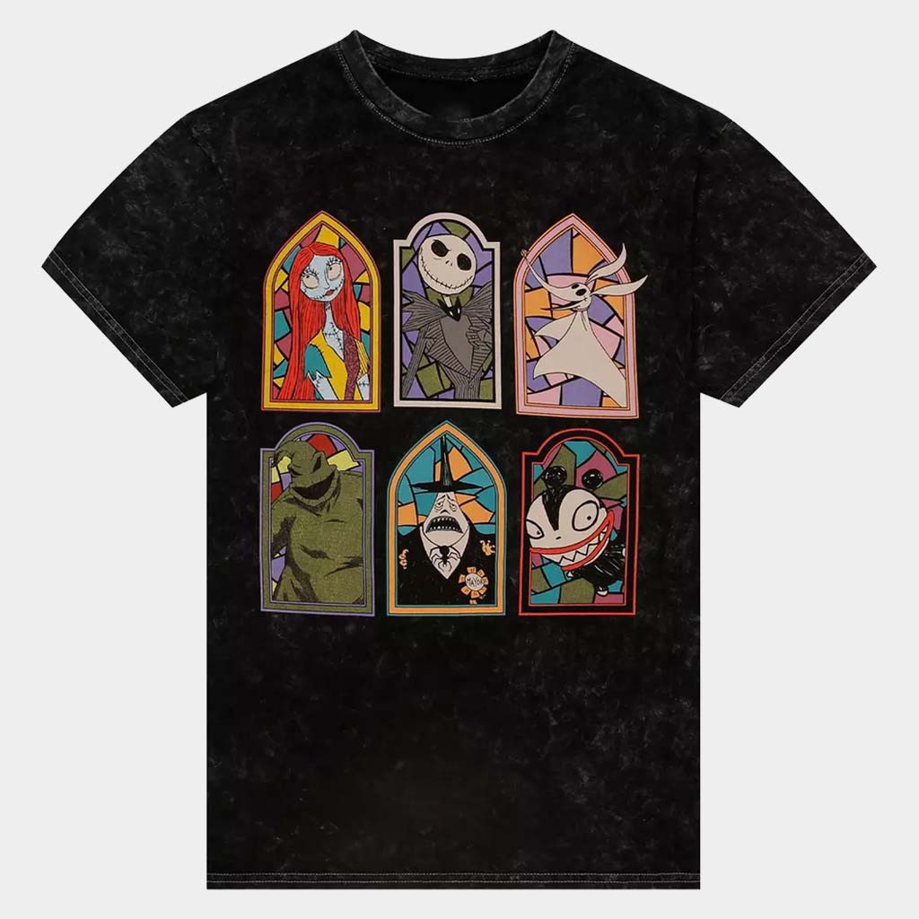 The Nightmare Merch The Nightmare Before Christmas Stained Glass Character Frames Wash T-Shirt The Nightmare Merch The Nightmare Before Christmas Stained Glass Character Frames Wash T-Shirt
