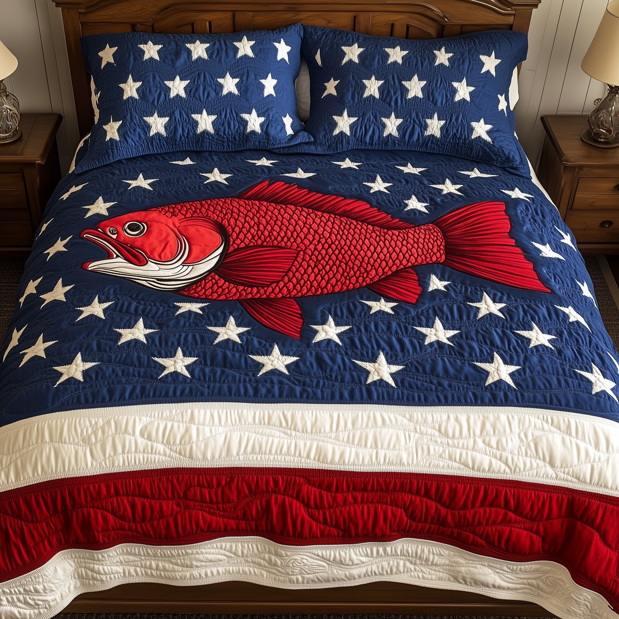 The Patriotic Catch Quilted Bedding Set Duvet Cover Bed Sheet Good Fishing Gifts