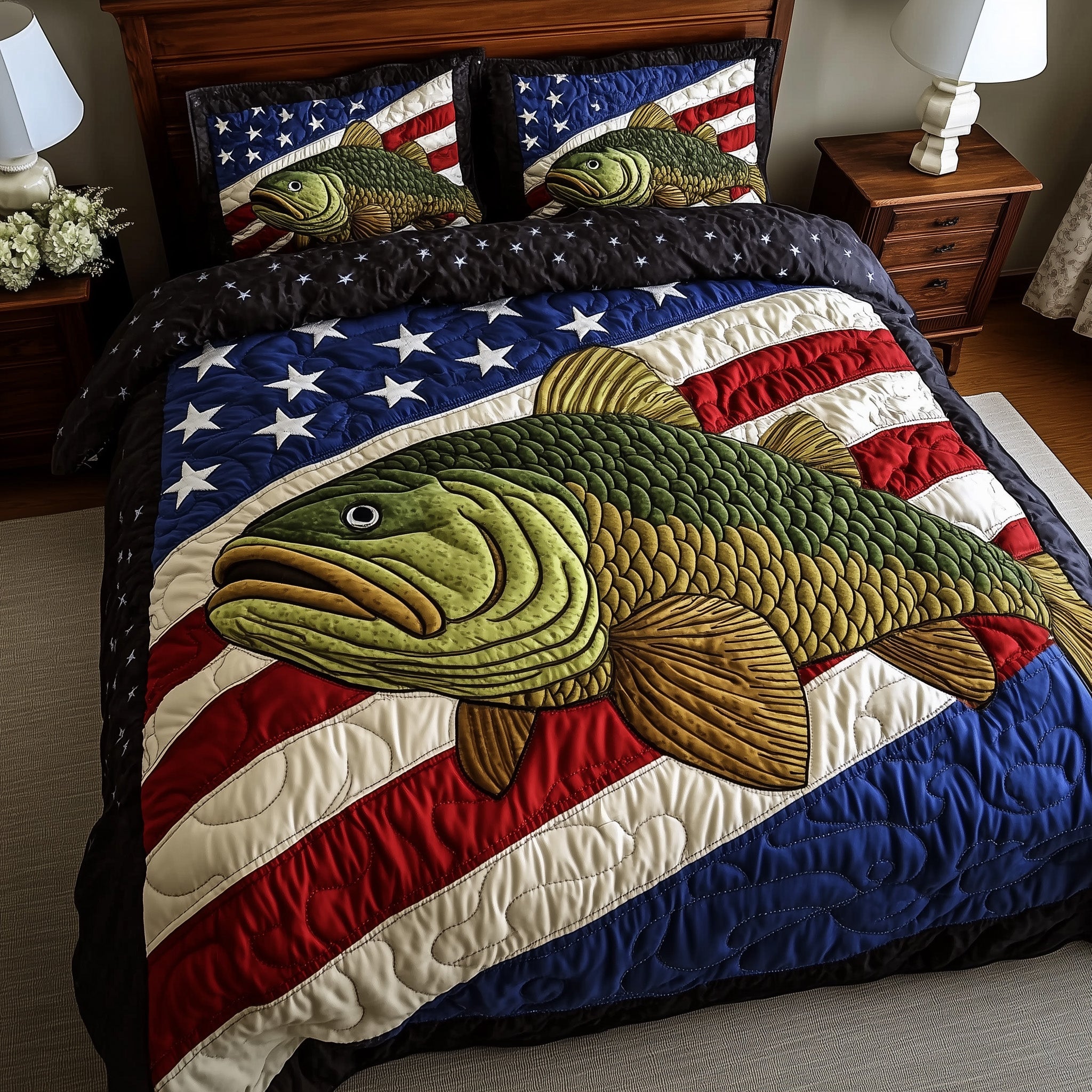 The Patriotic Fish Quilted Bedding Set Duvet Cover Bed Sheet Awesome Fishing Lover Gift Ideas