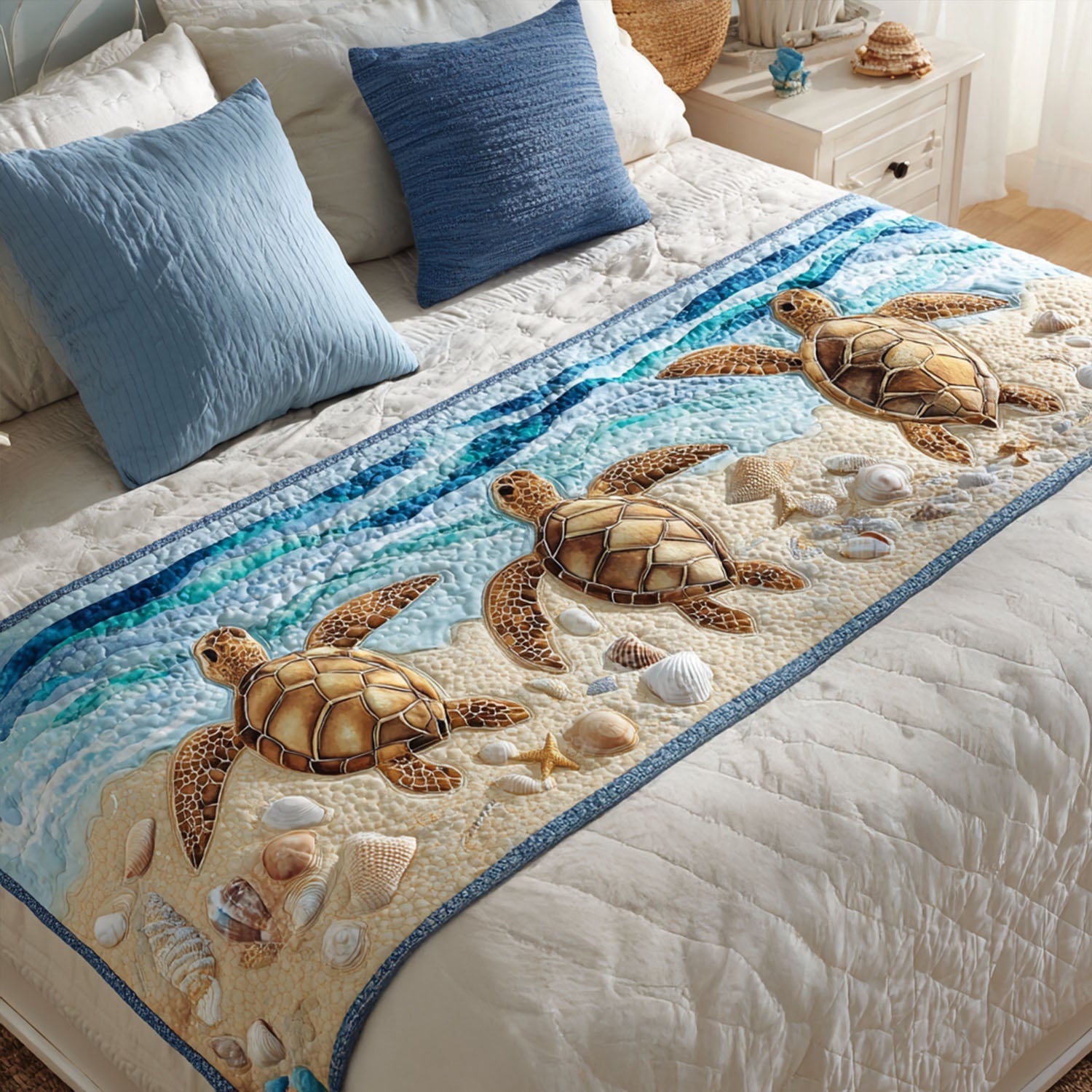 The Peaceful Path Quilted Bed Runner Cute Room Decor Sea Turtle Merchandise