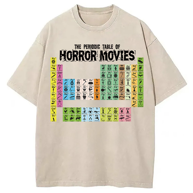 The Periodic Table of Horror Movies Washed T-Shirt Trendy Aesthetic Graphic Apparel Gifts For Friends