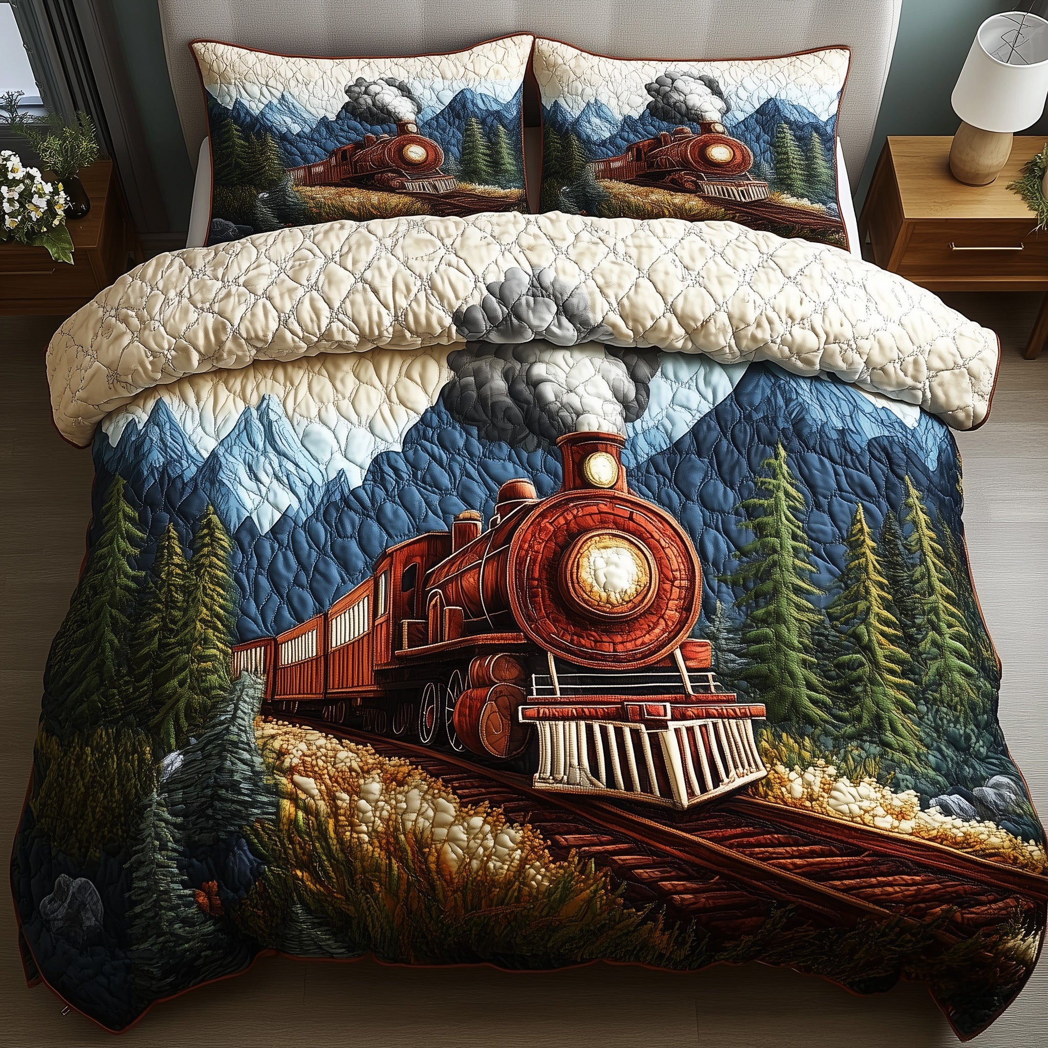 The Pine Valley Express Quilted Bedding Set Duvet Cover Merchandise Unusual Gifts For Train Lovers