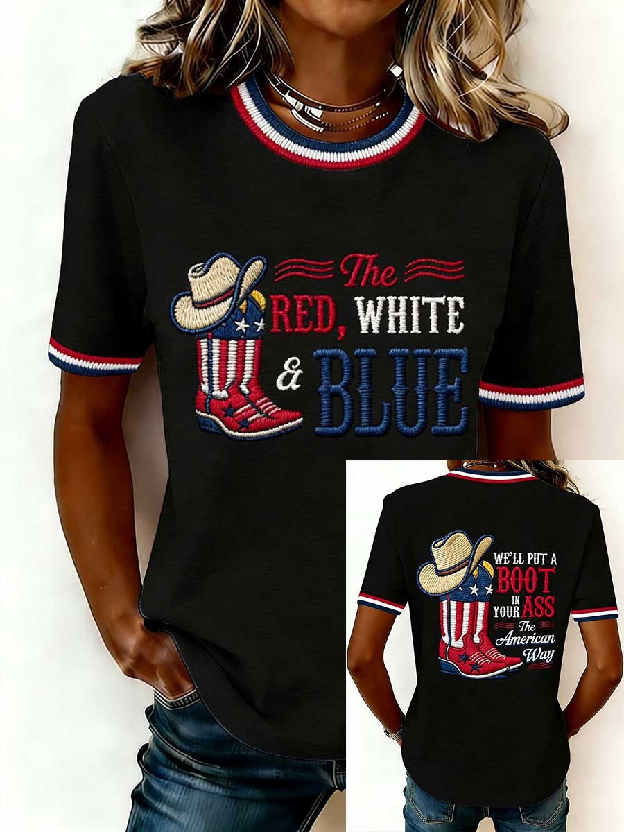 The Red White Blue Cowboy Boot Womens T-Shirt Patriotic Graphic Tees 250th Anniversary Gift