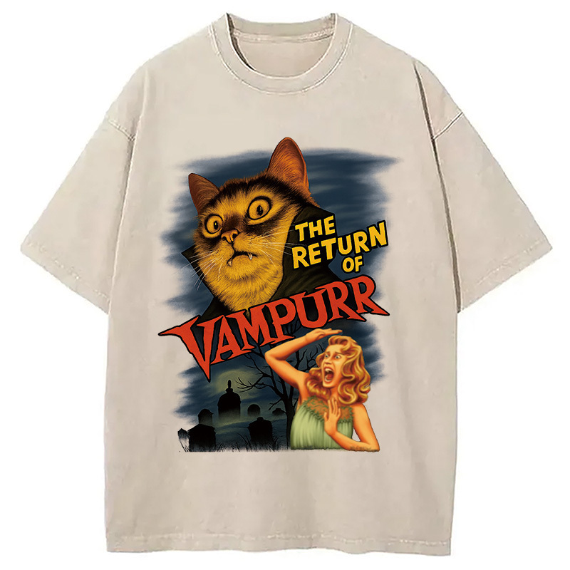 The Return of Vampurr The Halloween Cat Washed T-Shirt Everyday Comfort Graphic Shirt Gifts For Friends