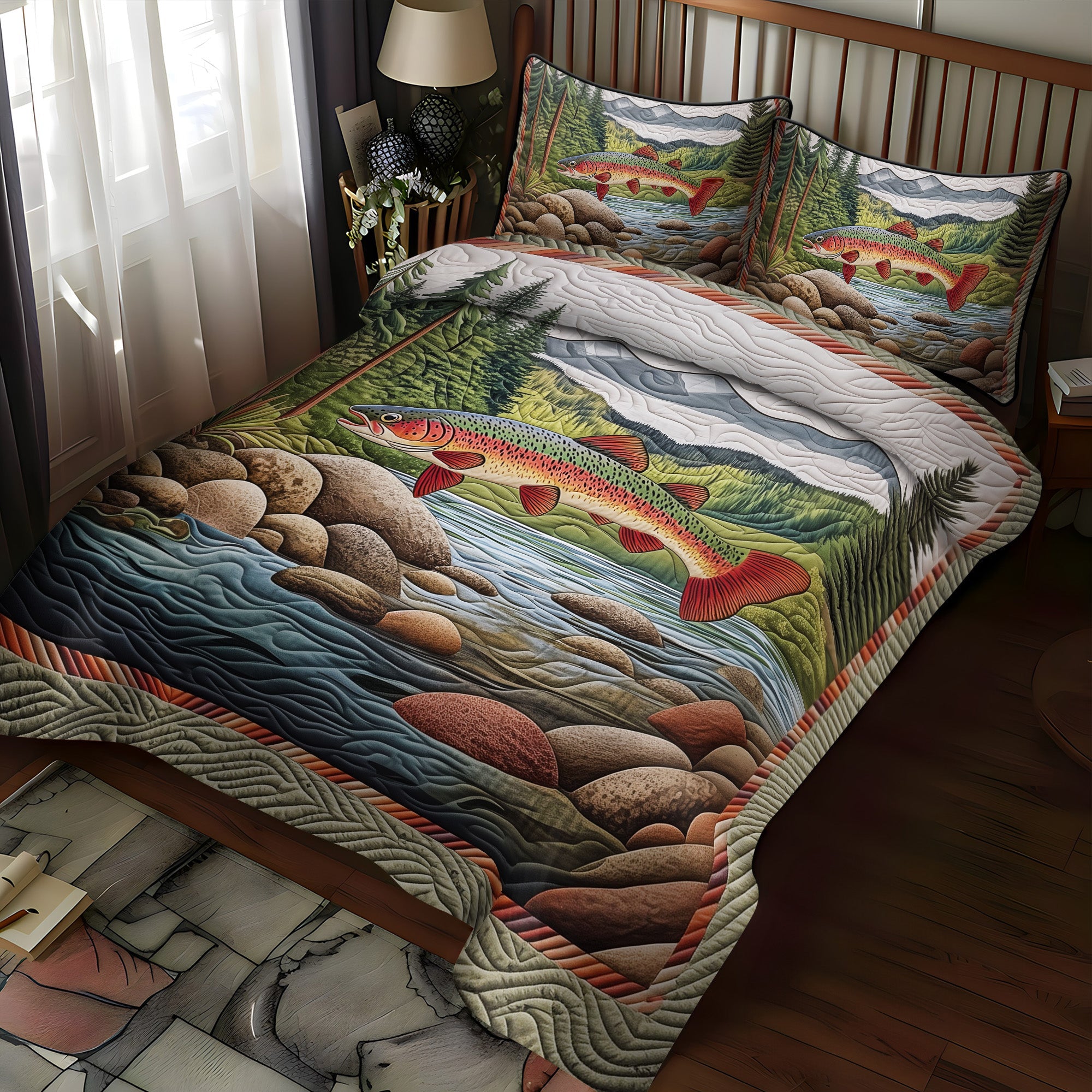 The River Run Quilted Bedding Set Bed Decorations Fishing Items For Lovers