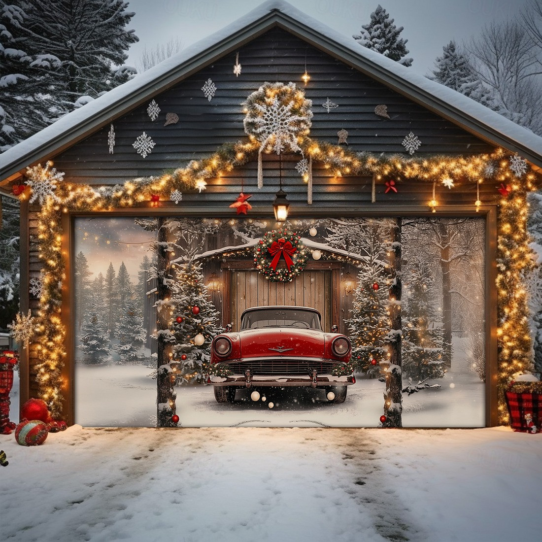 The Scarlet Stop Christmas Garage Door Cover Red Car In Snowy Garage Home Decor Xmas Gifts