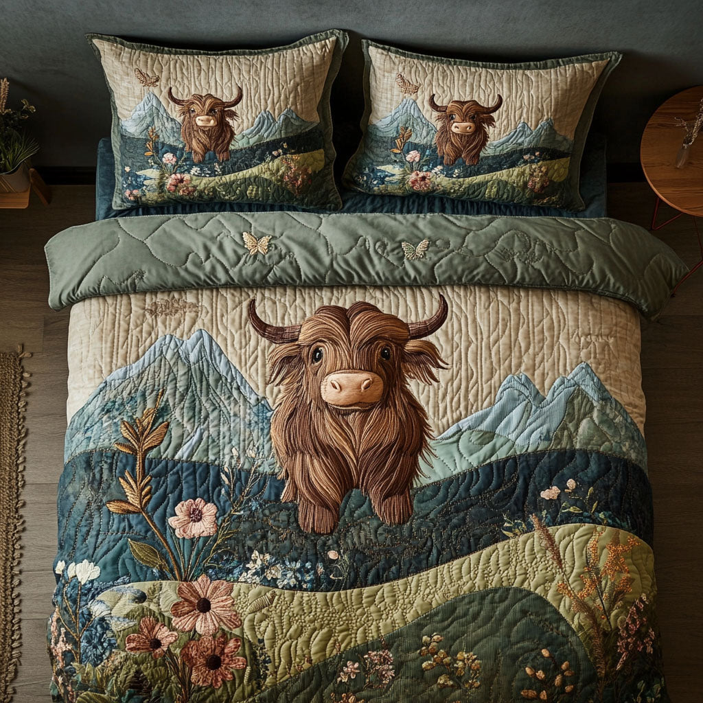 The Scottish Bull Quilted Bedding Set Perfect Bedding Gift Set for Holiday Celebrations